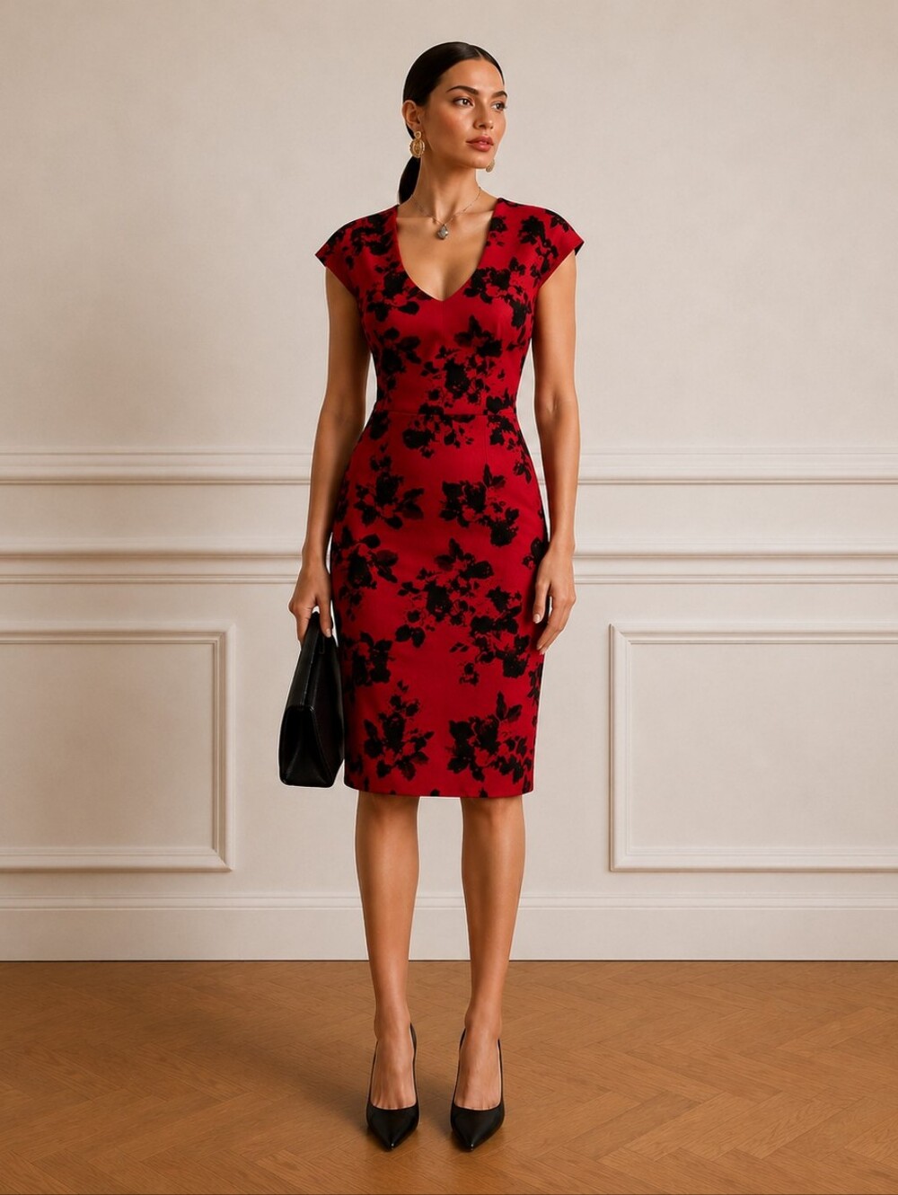 Fifth & Park Red Sheath Dress Black Velvet Floral Vampire Old Hollywood Size 14